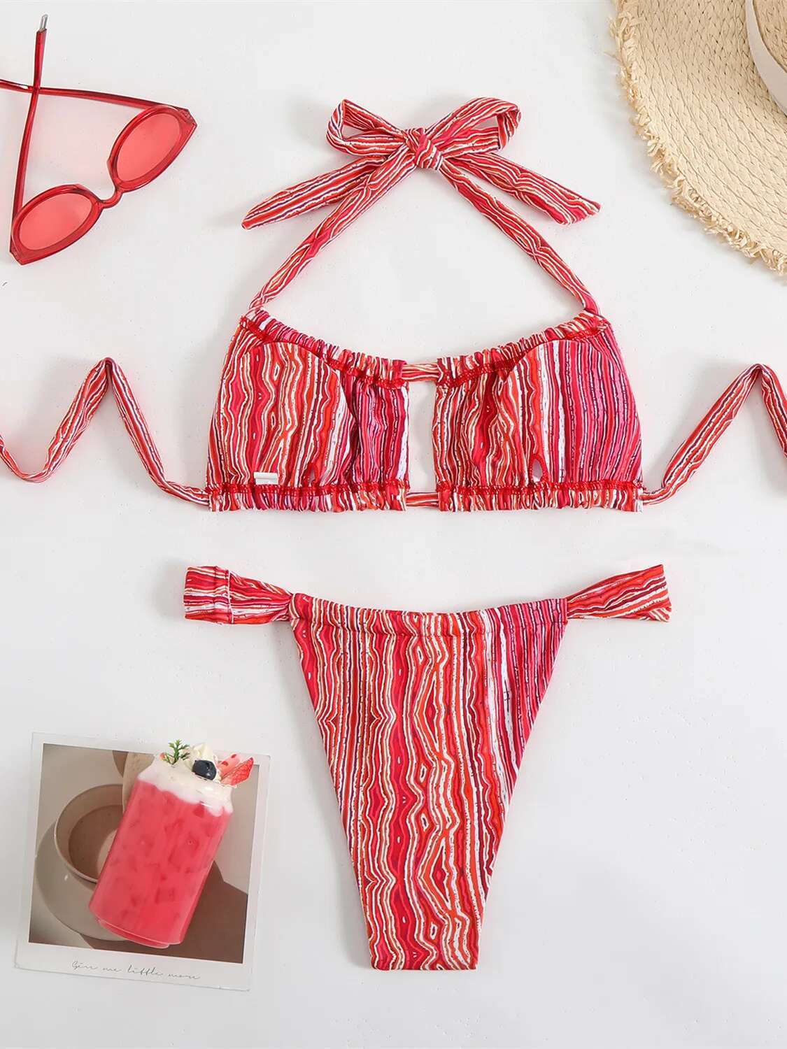 Dongdumaoyi Sexy Red Stripe Bikini Set Women Halter Pleate Hollow Out Push Up Thong Swimsuit Summer Bathing Suit Micro Swimwear Biquini