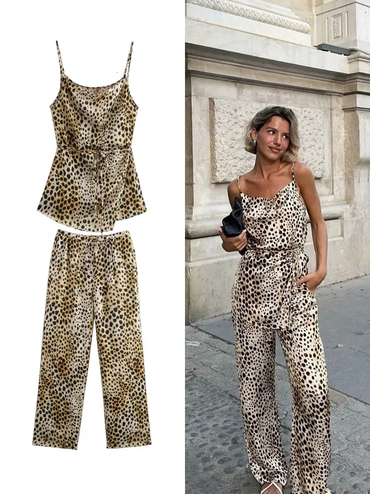 TRAF Womens Animal Printed Tie Embossed n Cami TopHigh Waist Wide Leg Straight Pants Fashion Two Piece Set 250407