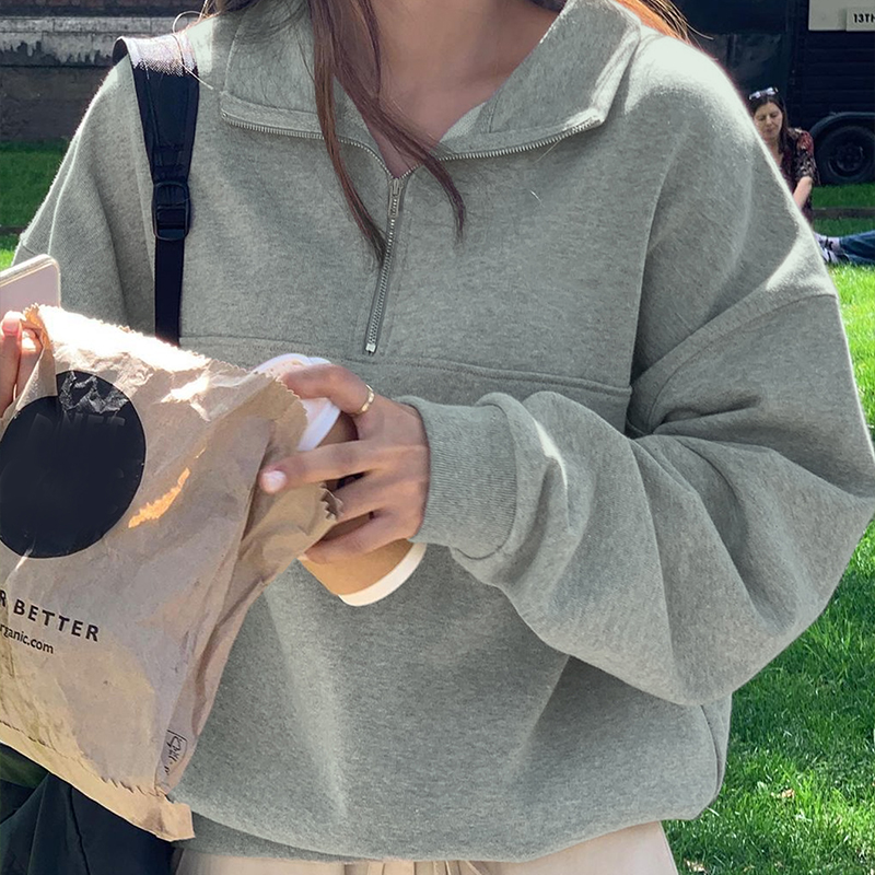 Women's new solid-color sportswear top, versatile gray color, with added insulation, pullover with turned-up collar, half-open front---SSL017