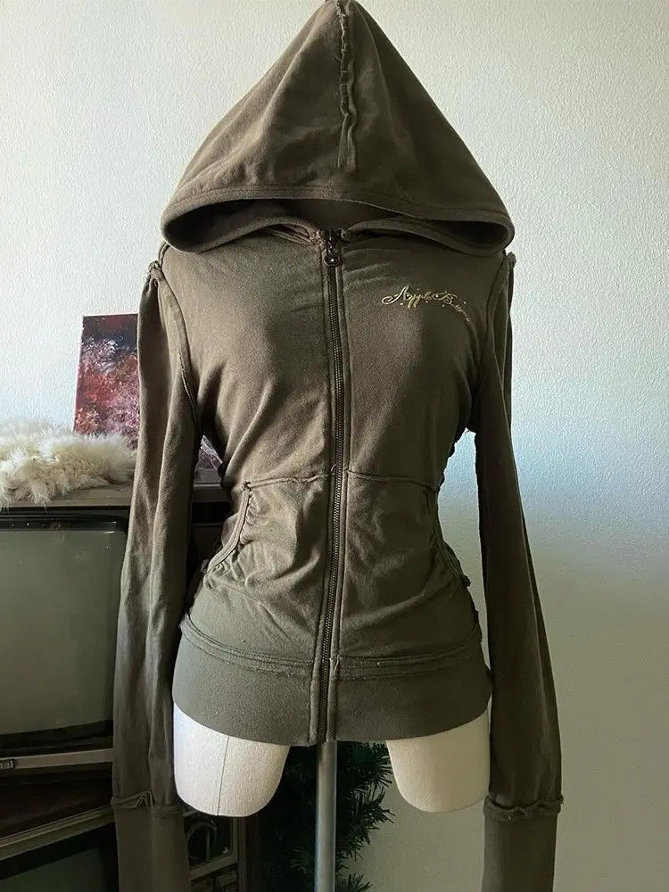 Spring Retro Letter Print Zip Up Hoodies Sweatshirt Temperature Slim Olive Green Open Fleece Sweater Street Clothing Hip Hop Y2K Top Harajuku 250403