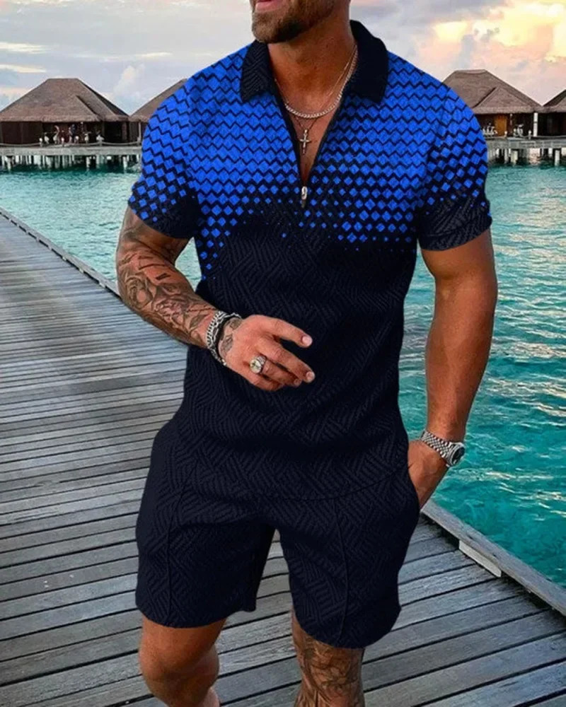 Mens solid half zipper short sleeved polo shirt 2piece set 3D printed fashionable casual sportswear streetwear oversized summer item 250313