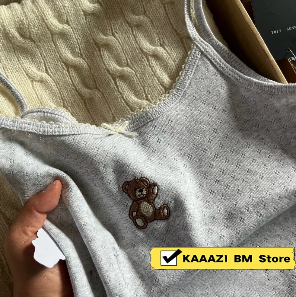 Cute teddy bear ed bow vest womens summer sleeve strapless solid retro slim crop top Y2K Versatile 250407