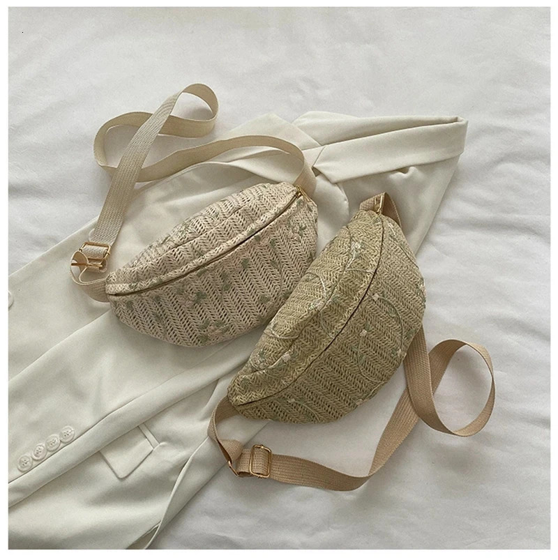 Womens suspender backpack chest cross body bag fashionable straw woven small waist bag summer casual messenger shoulder bag 250402