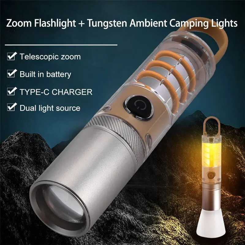 Dual Source Strong LED Tungsten Lamp Telescopic Zoom Flashlight Waterproof Outdoor Camping Work Light Bright Torch With HookW251106