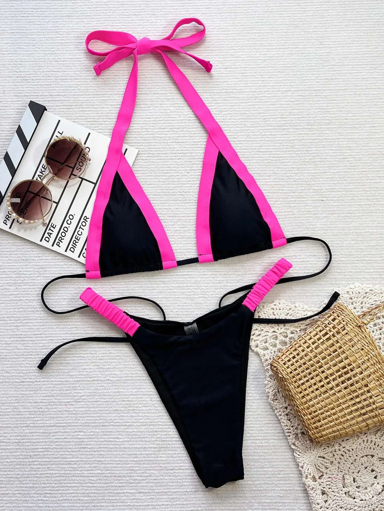 Dongdumaoyi Sexy Black Purple Patchwork Bikini Set Women Halter Push Up Padded Micro Swimsuit Beach Bathing Suit Pleate Thong Swimwear
