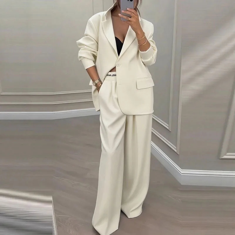 Autumn Winter Blazer Jacket Set Woman Elegant Single Button Lapel Cardigans Wide Leg Trousers Suit Elegant Solid Office Outfit 251103