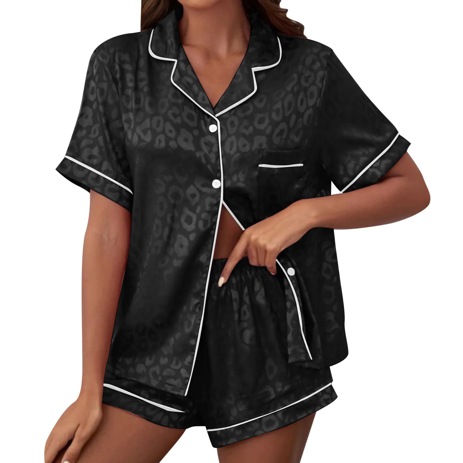 Pajama Set Womens Leopard Satin Short Sleeve Button Top with PJ Underwear 3XL 250313