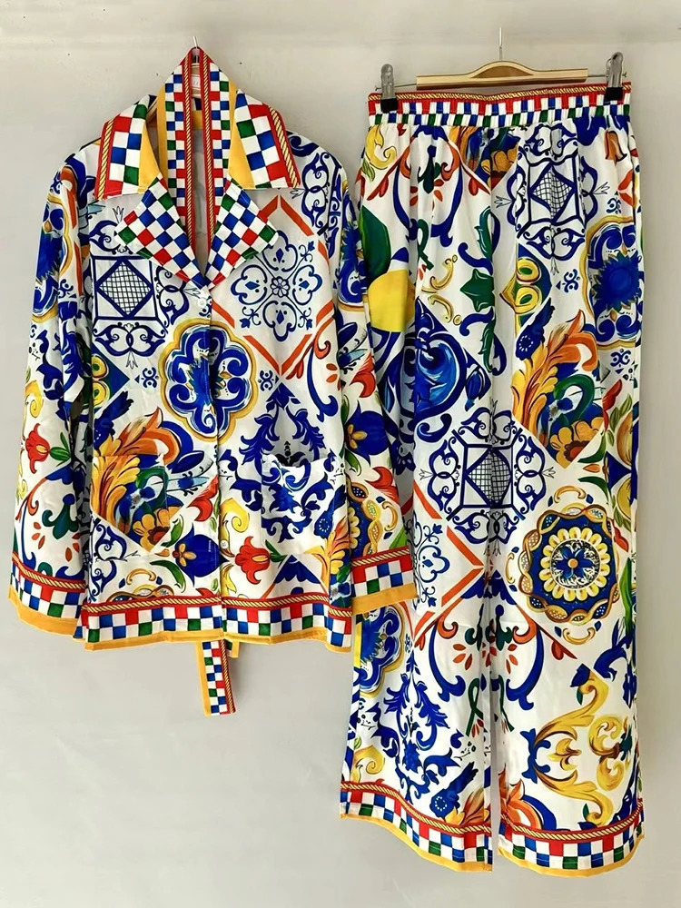 Retro geometric print loose pajama shirt twopiece set for spring womens clothingelastic waist wide leg pants fashion 250407