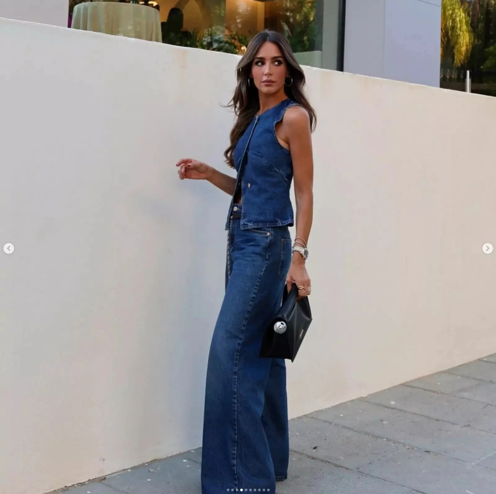 womens 2-piece fashionable single chest sleeveless slim fit vest denim wide leg pants set casual and casual knitted set 250402