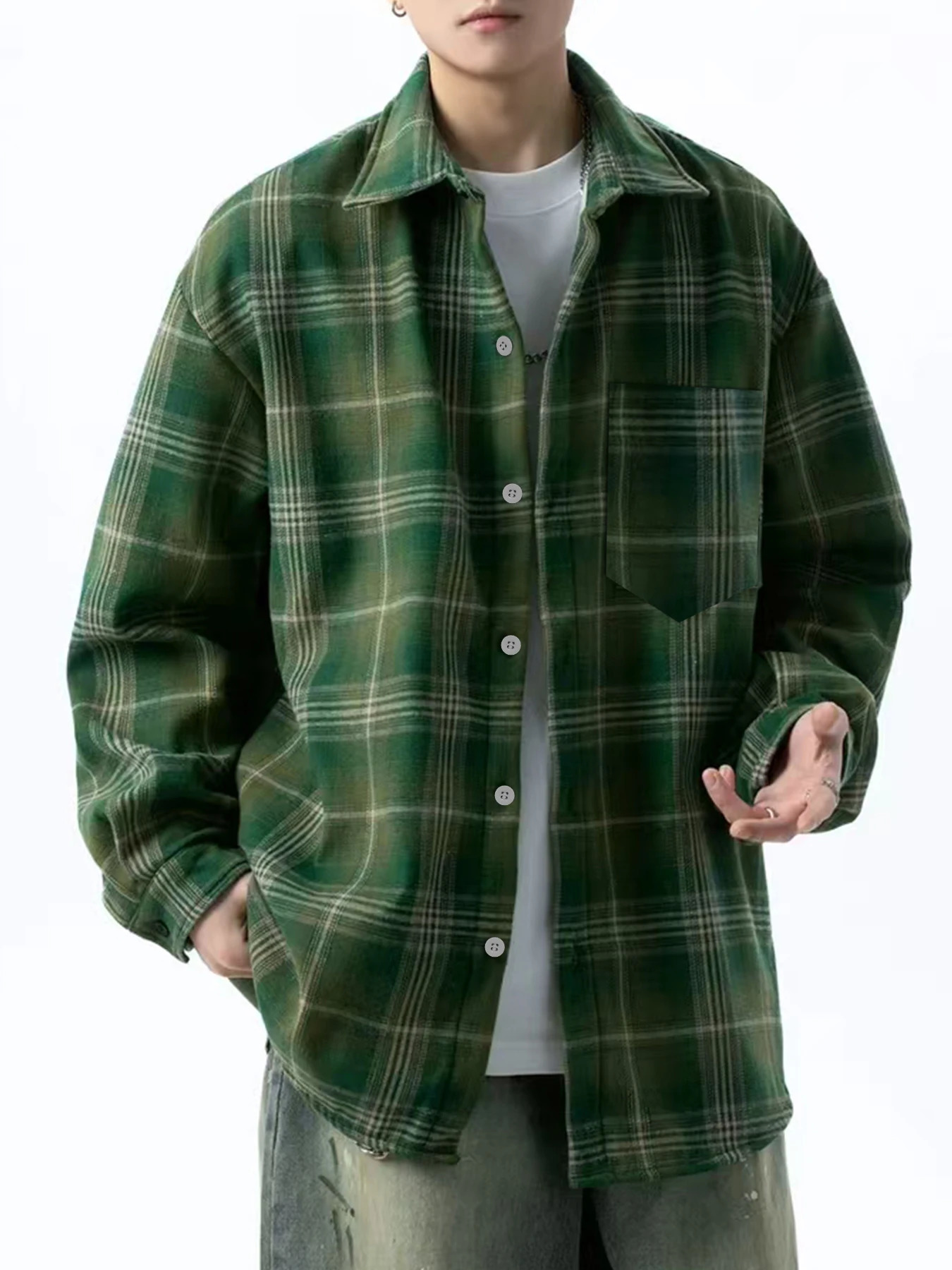 Retro green plaid shirt mens long sleeve spring and autumn loose casual coat 250226