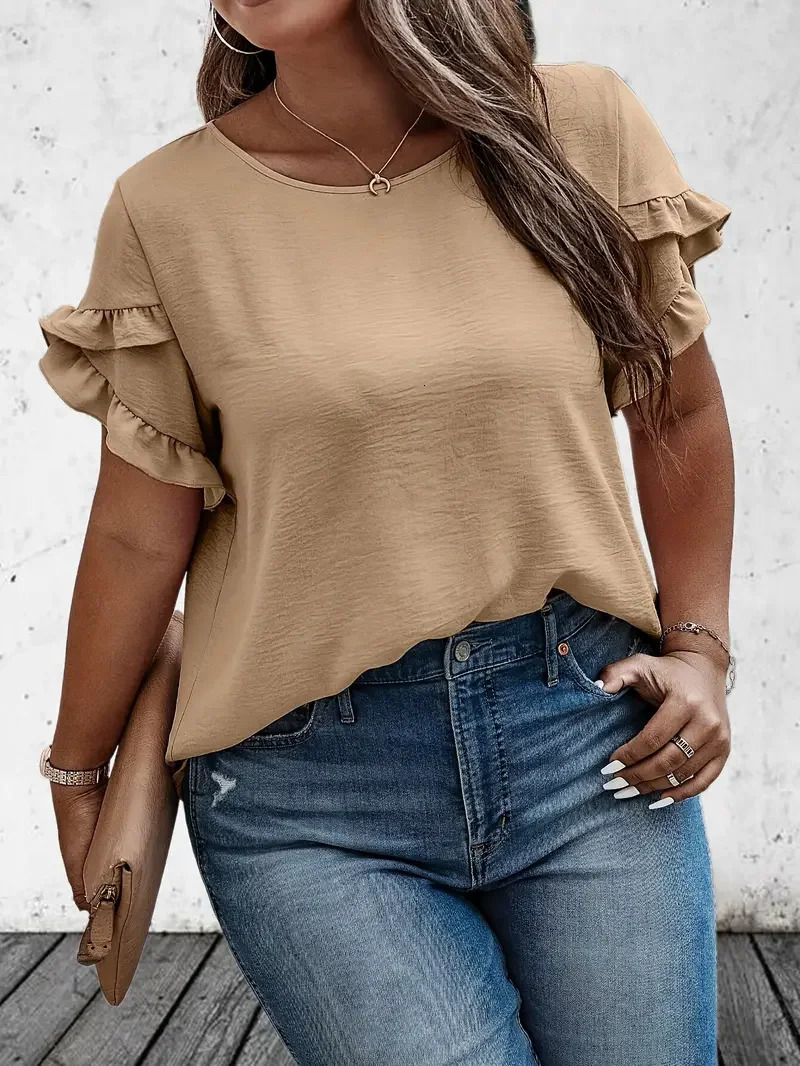 Womens 1XL5XL Plus Size Ruffle Decoration Tshirt Solid Color Flat Top Casual Spring Summer Short sleeved Dress 250407