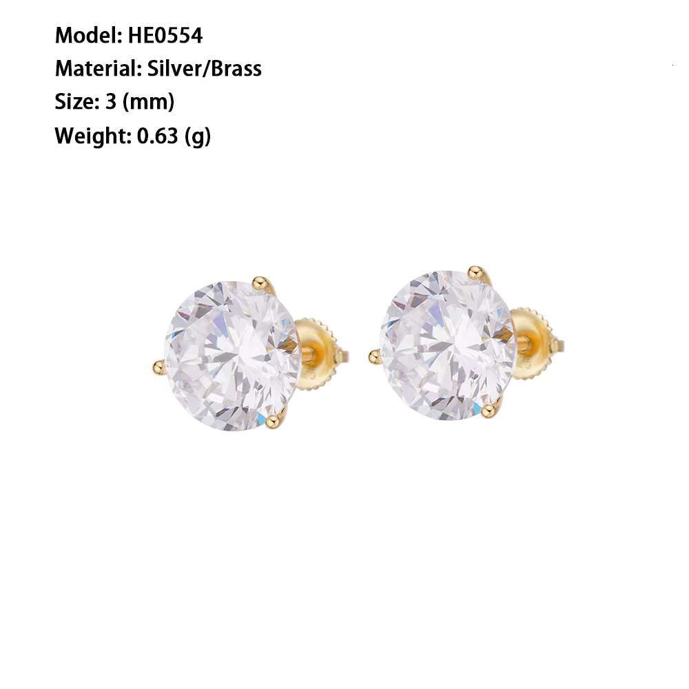 Fine Hip Hop Iced Out 5A Zircon Diamond 3mm Yellow Gold Plated 925 Silver Round Screwed Backed Stud Earrings for Unisex