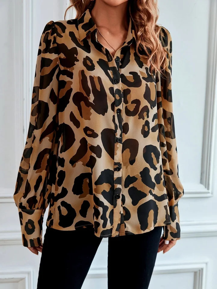 Spring and autumn womens fully printed leopard print lapel shirt long sleeved suitable for work leisure office 250407