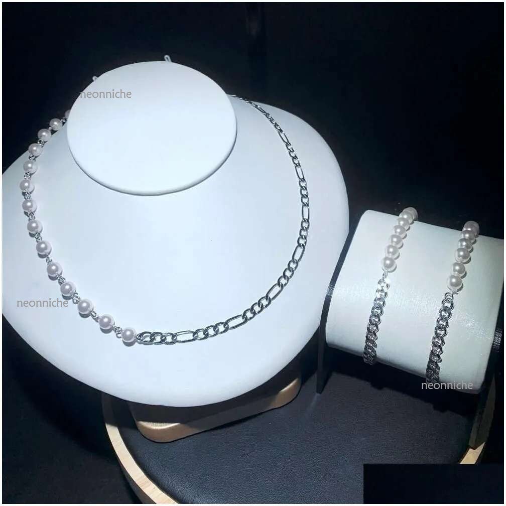 Other Jewelry Sets Classic Half Pearl Cuban Chain Beaded Necklace Bracelet Women Lady Girl New Fashion Iced Out Zirconia Hip Hop Best Ot6Wm