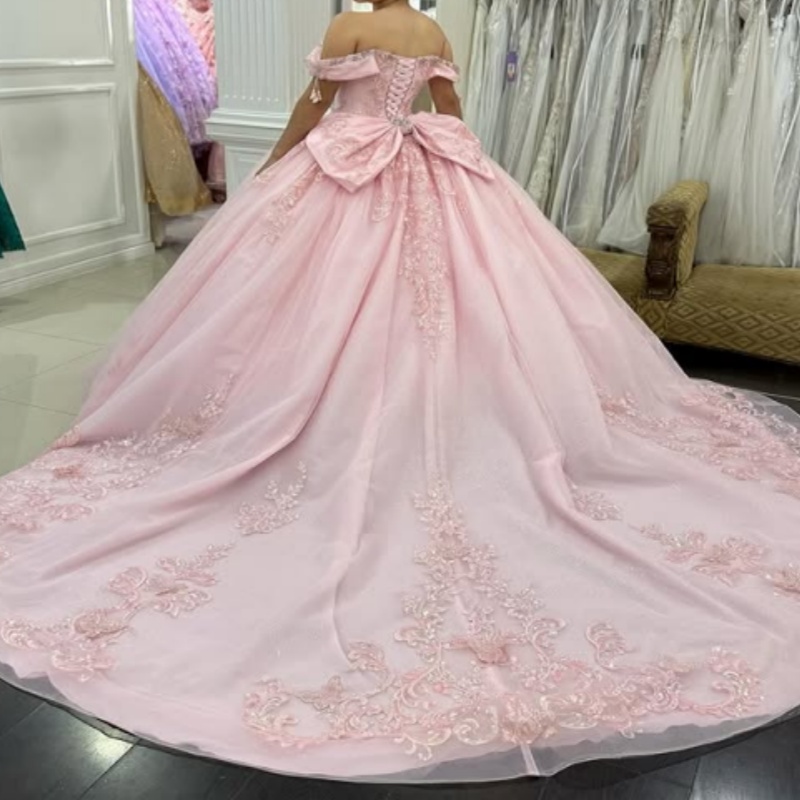 Pink Quinceanera Dresses Off Shoulder Ball Gown Sweet 16 Dress Applique Lace Beads Bow Tull Birthday Party Vestidos 15 De Anos