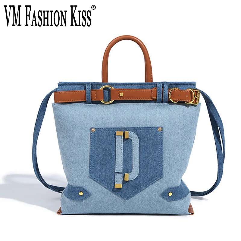 VM FASHION KISS 2024 New Retro Denim Jeans Casual Tote Cool Girl Shoulder Bags Soft Large Capacity Shopping Handbags Vintage
