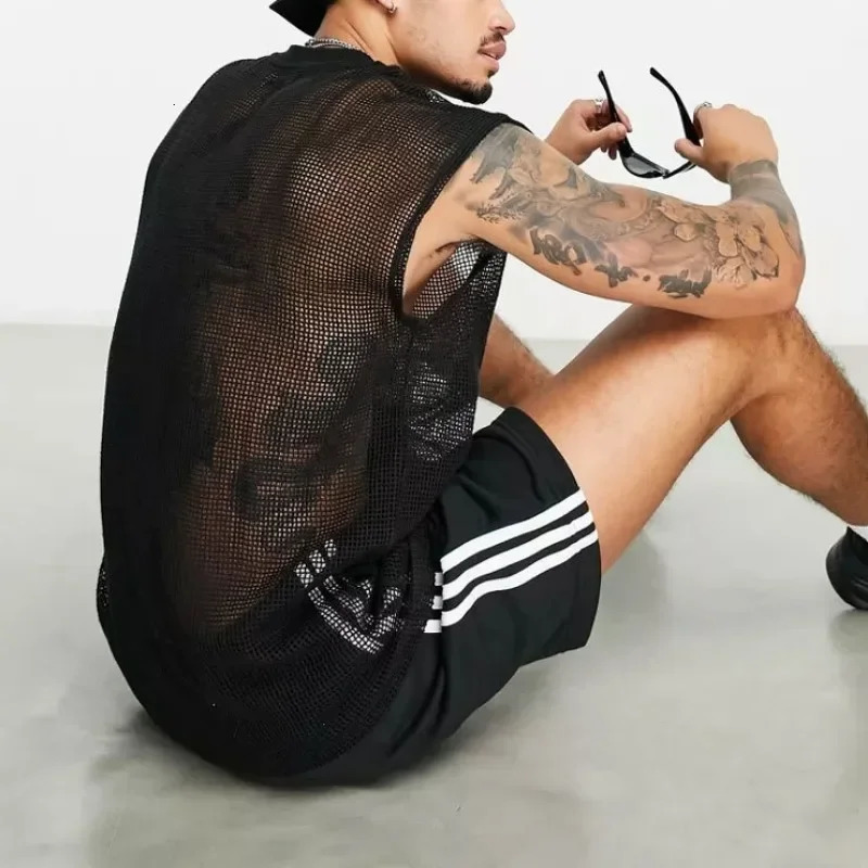 Mens Hollow Loose T-shirt Black Mens Sports Perspective Tank Top Casual Sexy Tank Top Mens Evening Dress Club Dress 250403