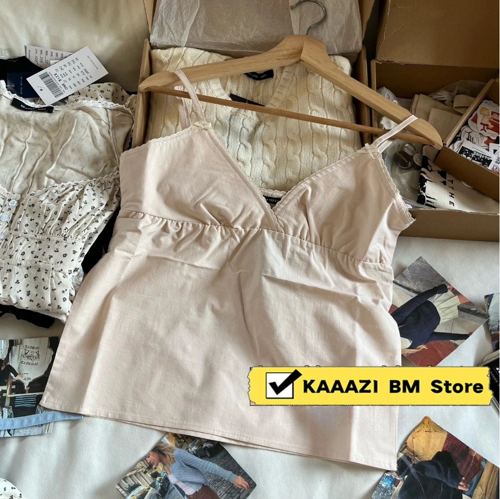 Womens summer sweet crop top sleeveless Vneck shoulder strap solid vest simple Y2k casual Versatile 250407