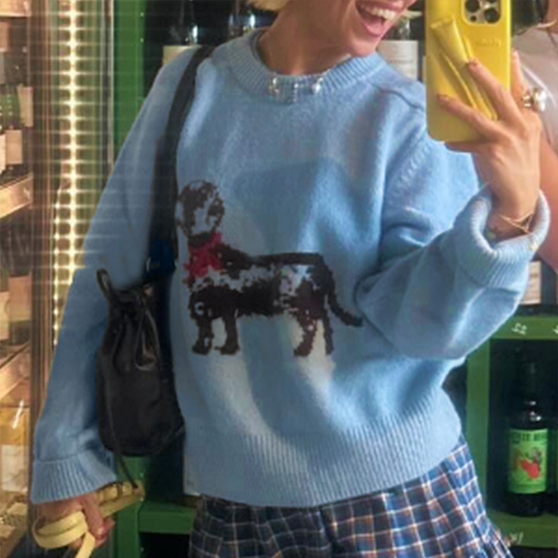 Women's color-block top, round-neck long-sleeve sweater, puppy print, romantic fall and winter best-selling versatile, Valentine's Day outfi