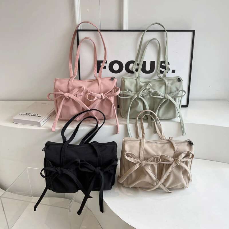 2025 New Korean Bow Nylon Shoulder Fashionable And Sweet Design Tote Bag Folded Large Capacity Commuter Women's Handbag