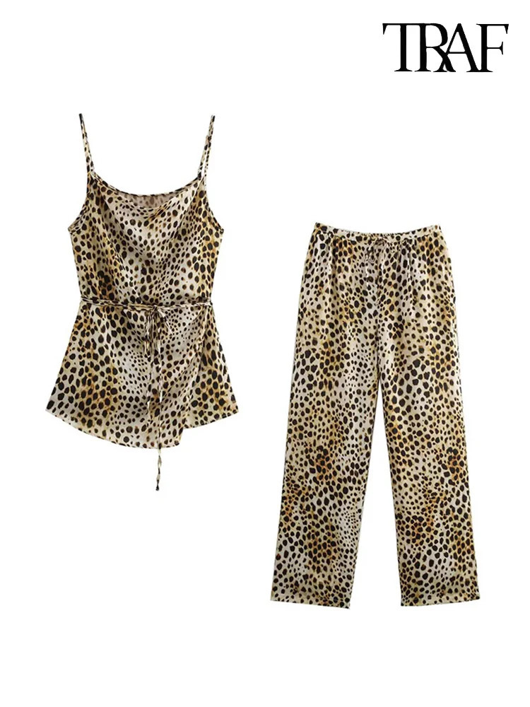 TRAF Womens Animal Printed Tie Embossed n Cami TopHigh Waist Wide Leg Straight Pants Fashion Two Piece Set 250407