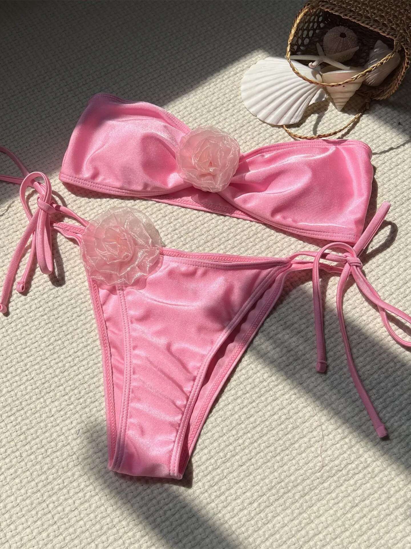 Dongdumaoyi Sexy Bandeau Bikini Women Pink D Floral Design Push Up Micro Swimsuit Brazilian Beach Bathing Suit Tie Side Thong Swimwear