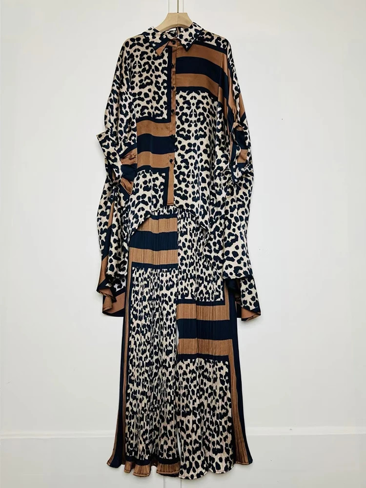 Retro geometric print loose irregular shirt twopiece set summer womens clothingpleated wide leg pants fashion 250407