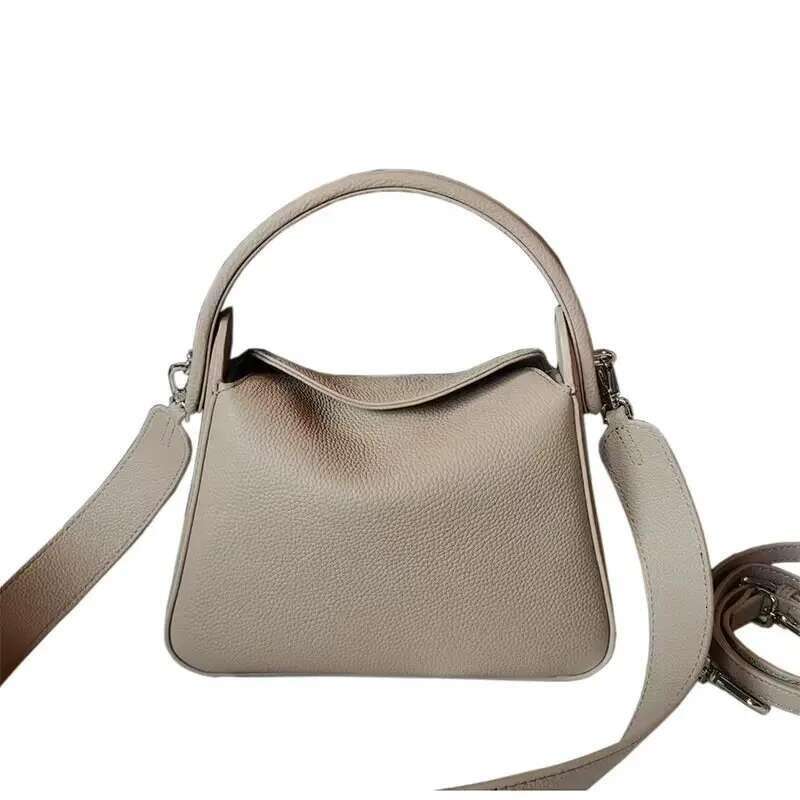 Elegant 100% Natural T Cowhide Leather Tote Wide Straps Female Shoulder Grey Black Doctor Bag Girl Handbag