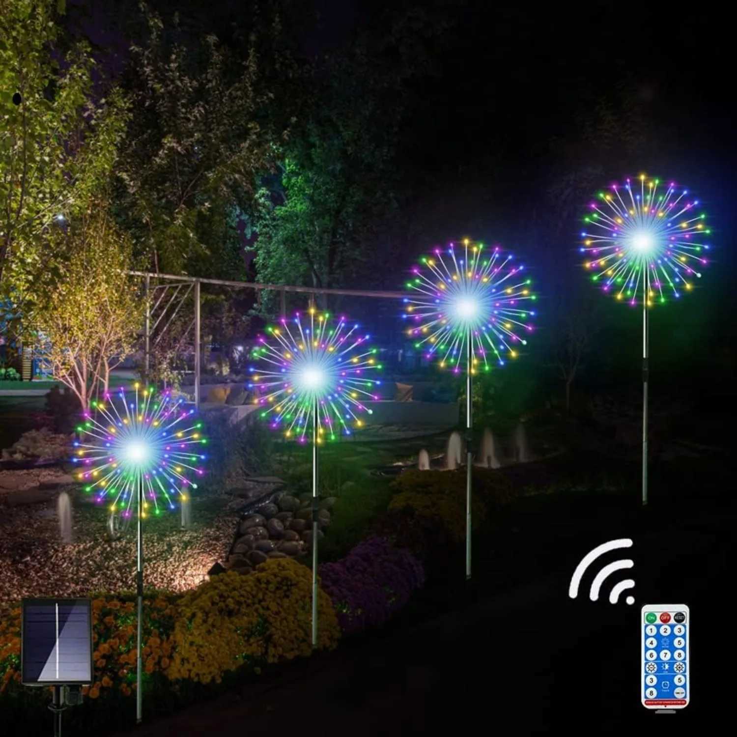 4 Pack Solar Firework String Lights - IP65 Waterproof 8 Modes w/Remote Outdoor Christmas Decor for Garden/Patio/Party W251107