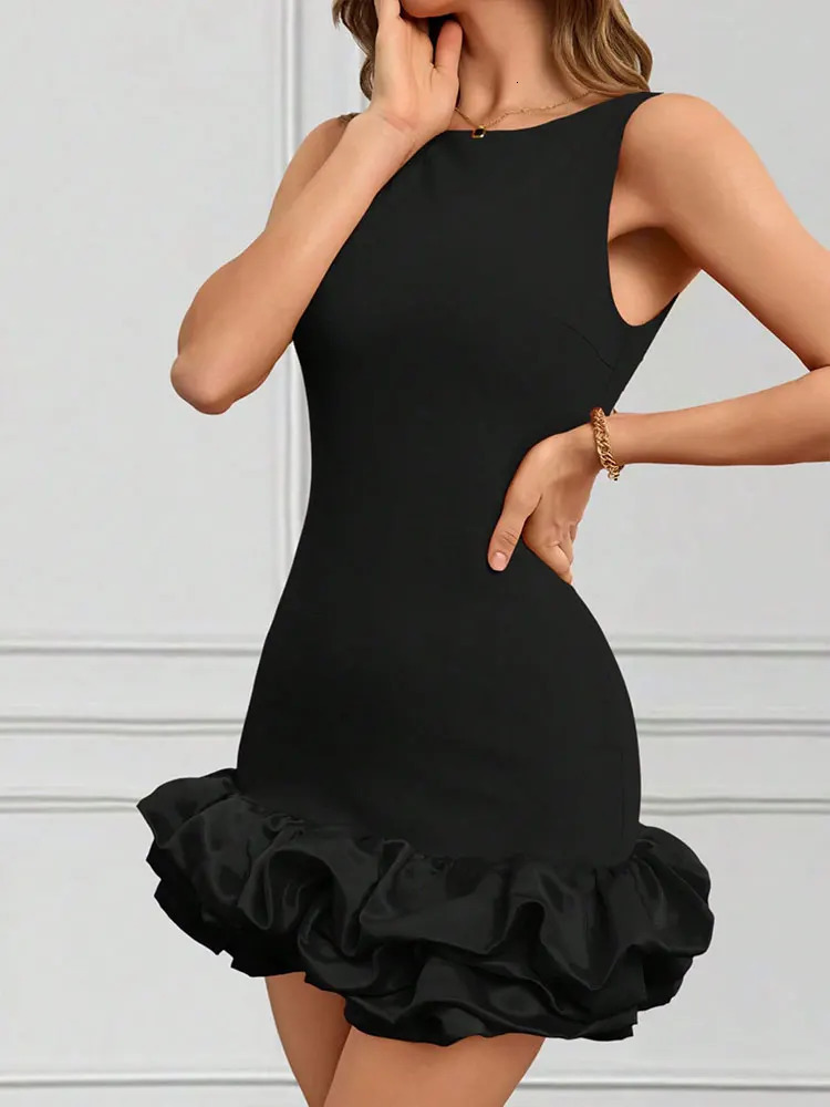 Black sexy womens ALine dress summer zipper vest sleeve mini elegant backless casual slim fit 250407
