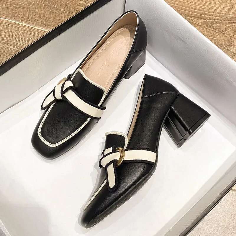 Woman French Thick Heeled Loafers Shoes For Women Autumn Trend Retro Leather With High Heels Wedding Shoes Atos De Mujer