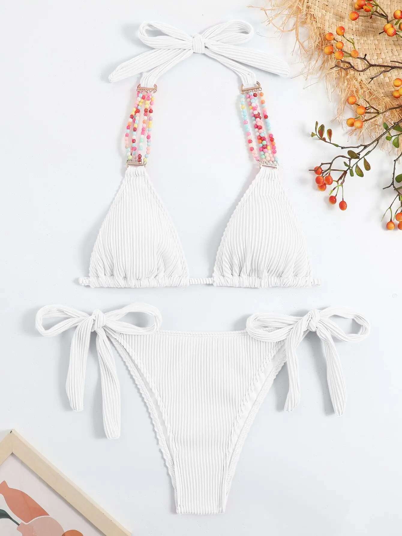 Dongdumaoyi Sexy Colored Pearl Chain Bikini Set Women Pink White Ribbed Push Up Tie Side Thong Swimsuit Bathing Suit Two Piece Swimwear