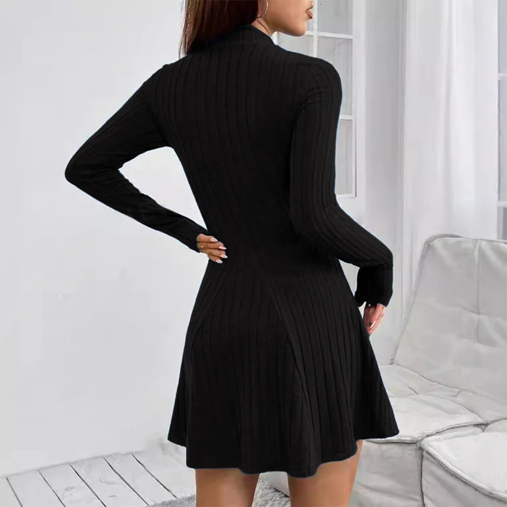 Elegant womens simple ultra-thin short skirt solid striped sweater long sleeved dress round neck autumn and winter commuting street dress 250402