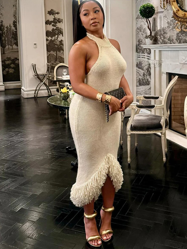 Kliou Tassel Trim Women Midi Dress Knitted Solid Halter Stand Collar Backless Sleeveless Sheath Robe Female Classic Party Frock