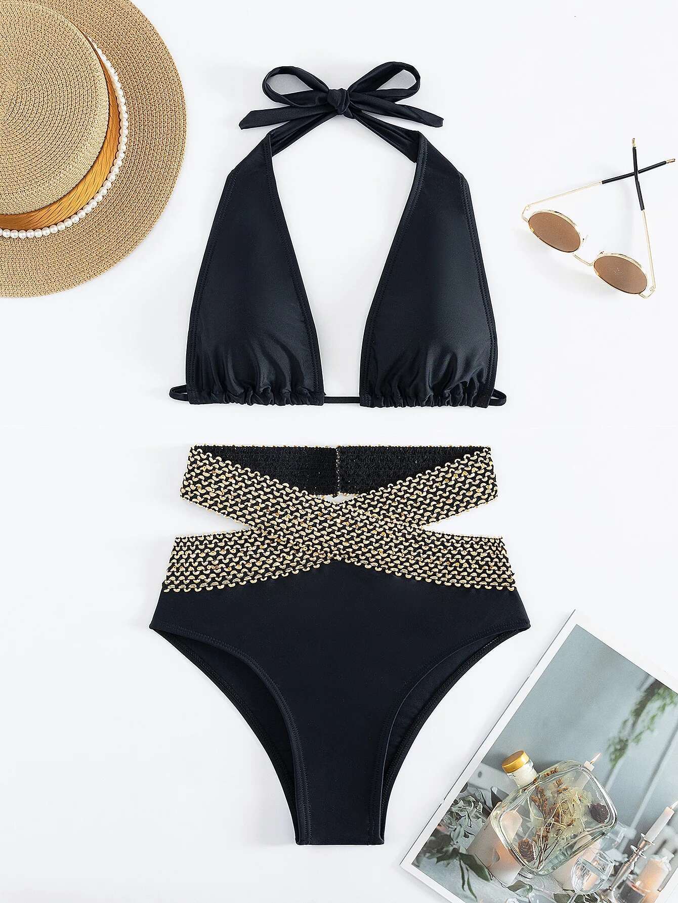 Dongdumaoyi Sexy Knitted Patchwork Bikini Set Women Black Contrast Push Up Hollow Out High Waist Swimsuit Beach Bathing Suit Swimwear