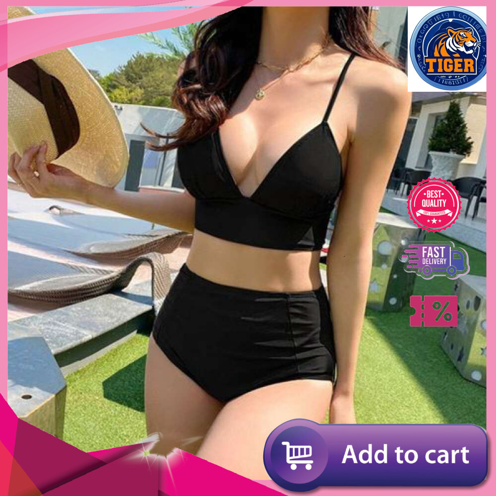 Ddmytiger Sexy Bikini Women S High Waist Covering Belly Two Piece Corner Hanging Neck Split Open Back Swimsuit H