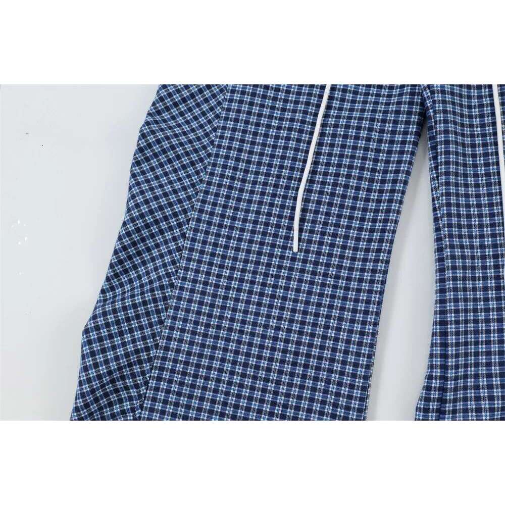 Plaid Spliced Casual Pants Mens High Street Drawstring Elastic Waist Loose Wide Leg Trousers Men