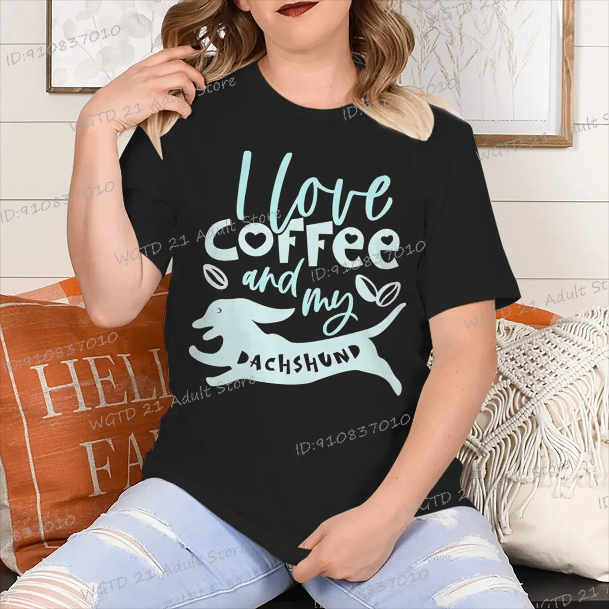 I like coffee and my sausage printed womens Tshirt Fashionable summer Oneck Harajuku top Casual fun 250407