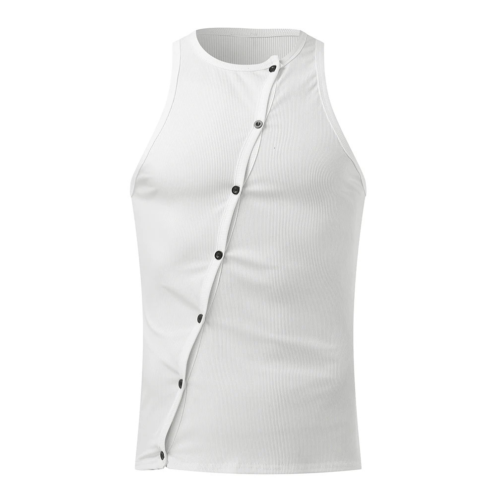 Mens sexy hollow transparent vest sleeveless tight fitting vest summer retro party T-shirt irregular button decoration T-shirt 250403