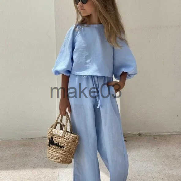 Childrens Set Russian Girl SprSummer Cotton Hemp Rope Fashion Top Casual Pants Two Piece 2024 Round Neck Simple J250403