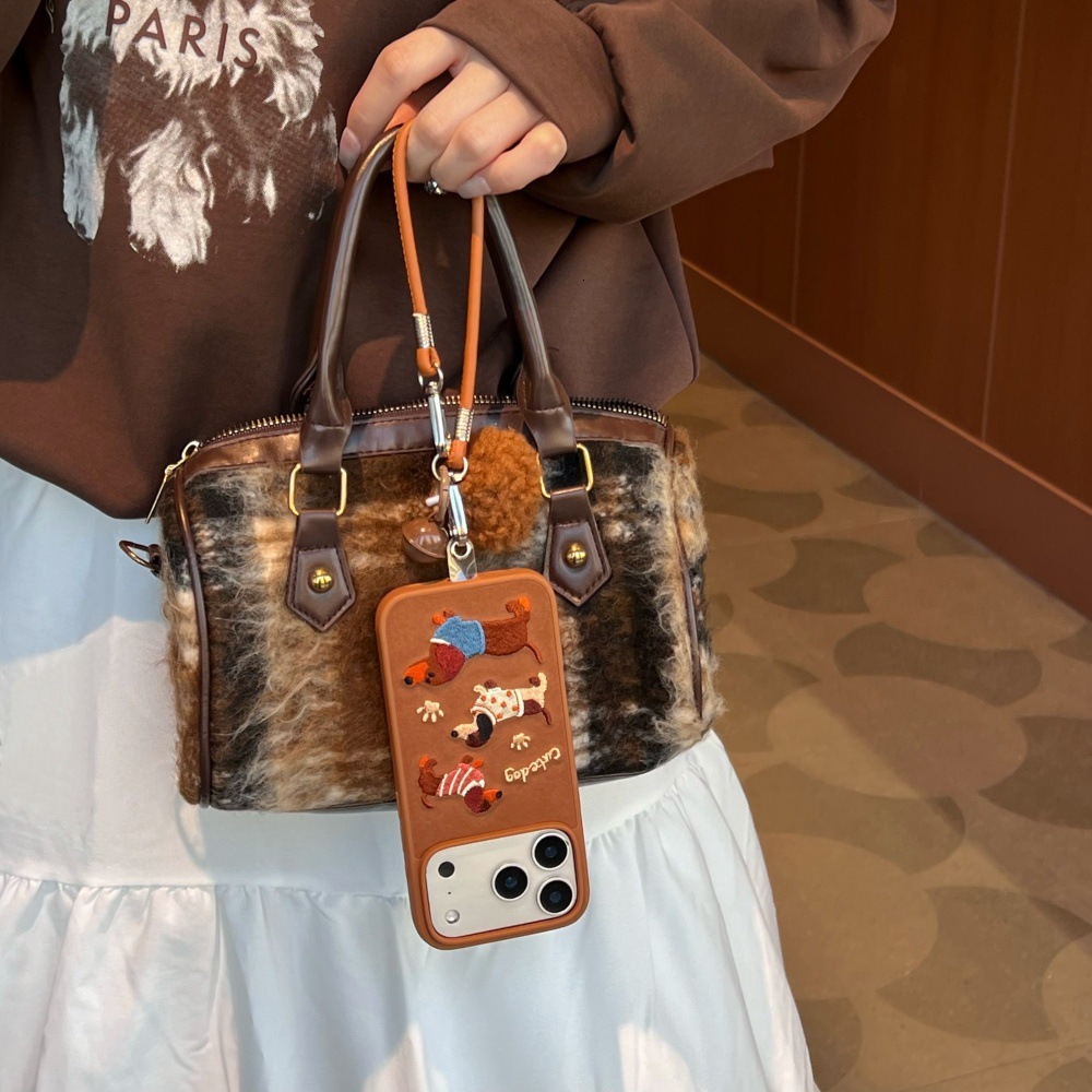 Embroidered Dachshund Dog Phone Case Compatible with iPhone 17/16 Pro Max Cartoon Lanyard iPhone 15/14 Pro