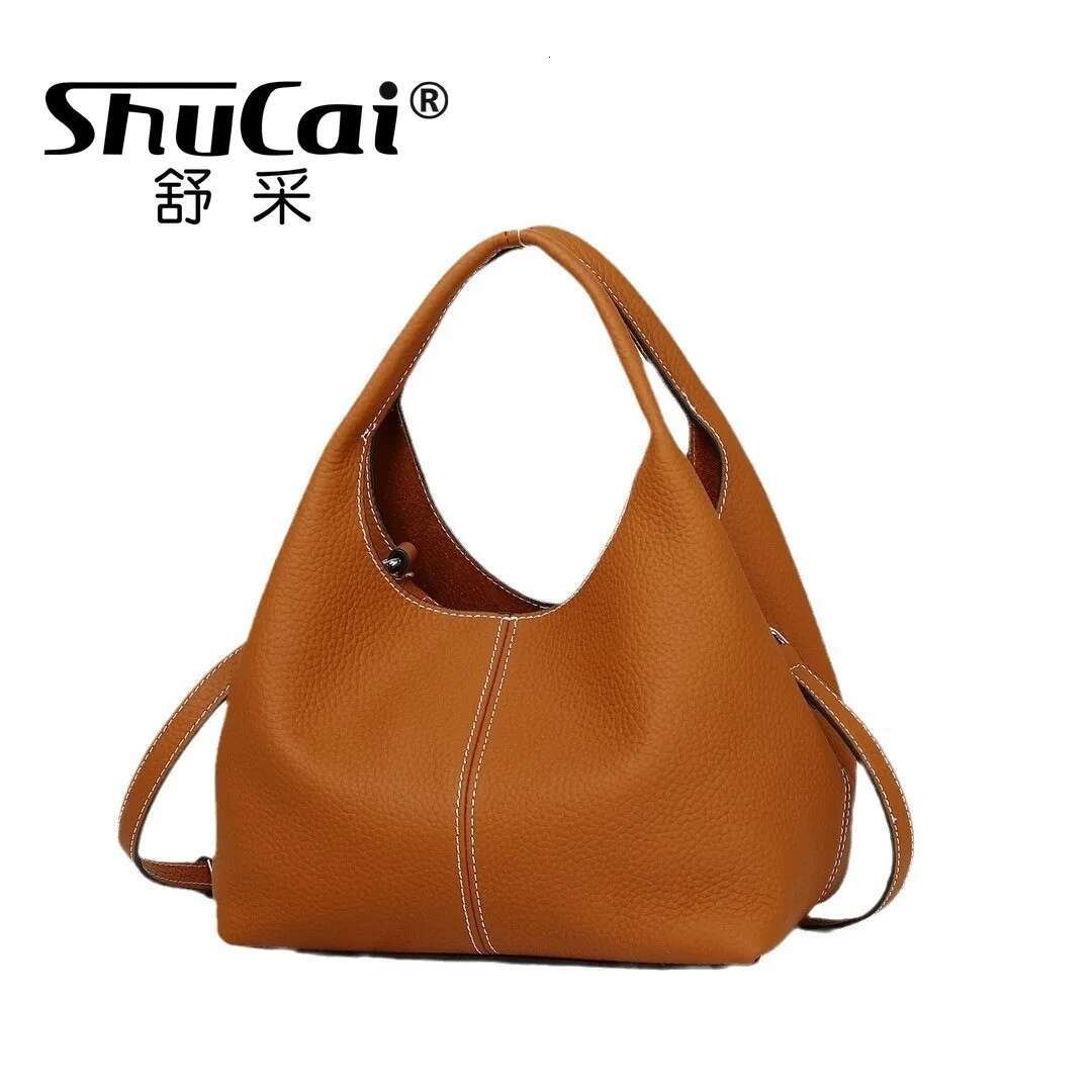Genuine Leather Women's Cowhide Bucket Bag Vegetable Basket Shoulder Niche Design Underarm Crossbody Bags For Women