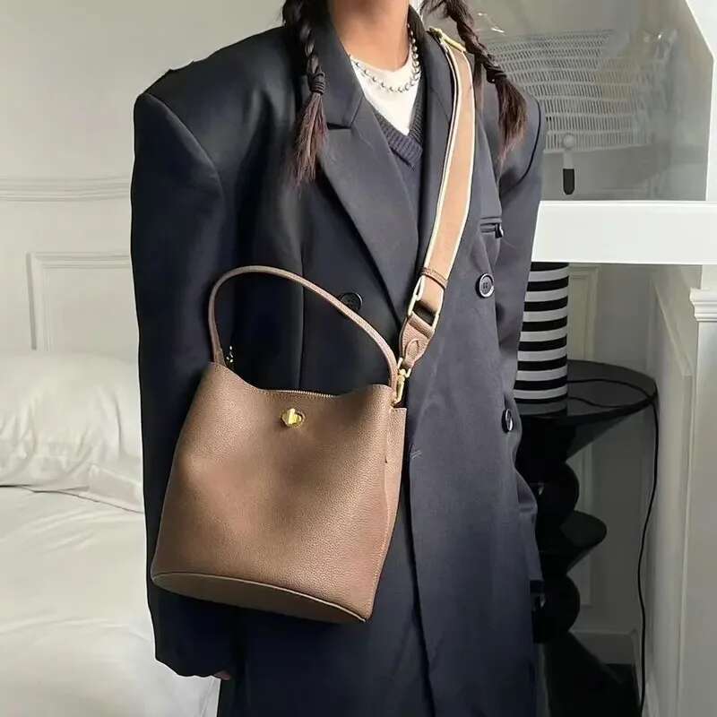 Retro Coffee Solid Color Bucket Tote 100% Genuine Women Shoulder With Wide Straps T Cow Leather Crossbody Bag