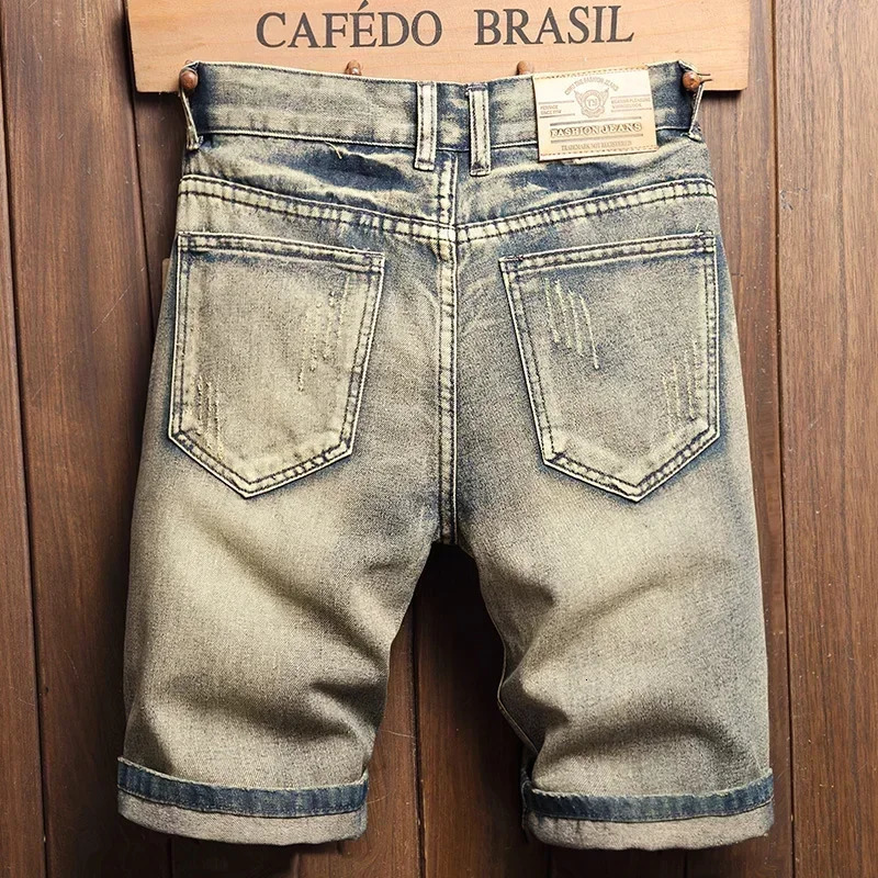 Summer Mens Ripped Denim Shorts Fashion Patchwork Hole Short Jeans Korean Loose Straight Kneelength Pants Male 250313
