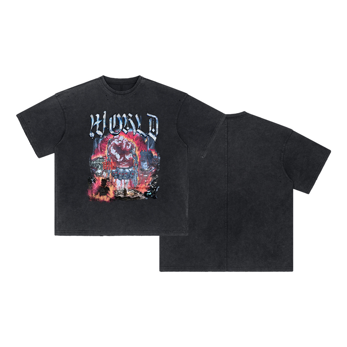 Chain fashion men's clothing | Black distressed printed T-shirt with loose edges, cut holes, washed cotton short sleeved shirt