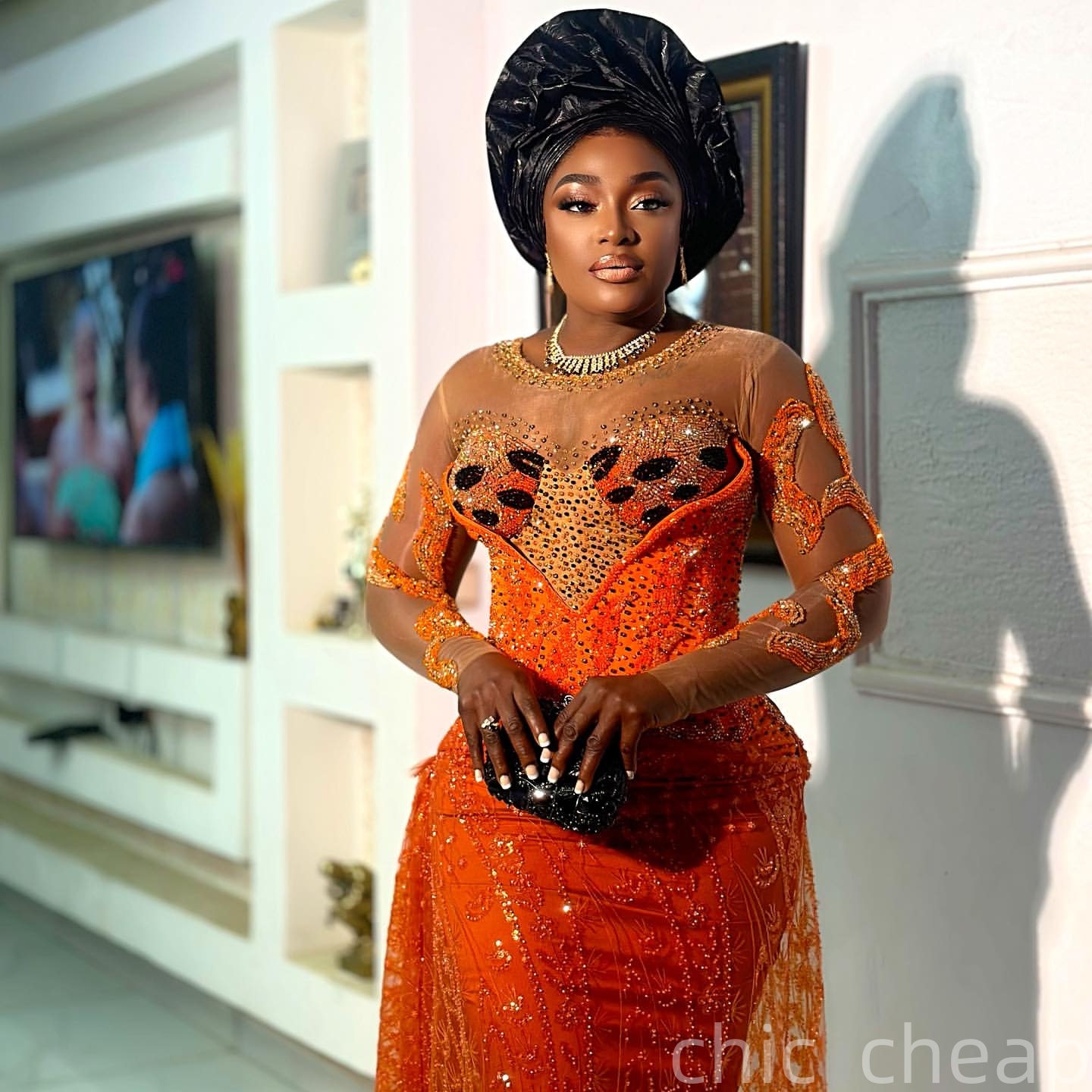 Aso Ebi Sheath Orange Prom Dresses 2026 Beaded Sheer Neck Full Sleeves Evening Formal Party Second Birthday Engagement Gowns Plus Size Dress For Speci