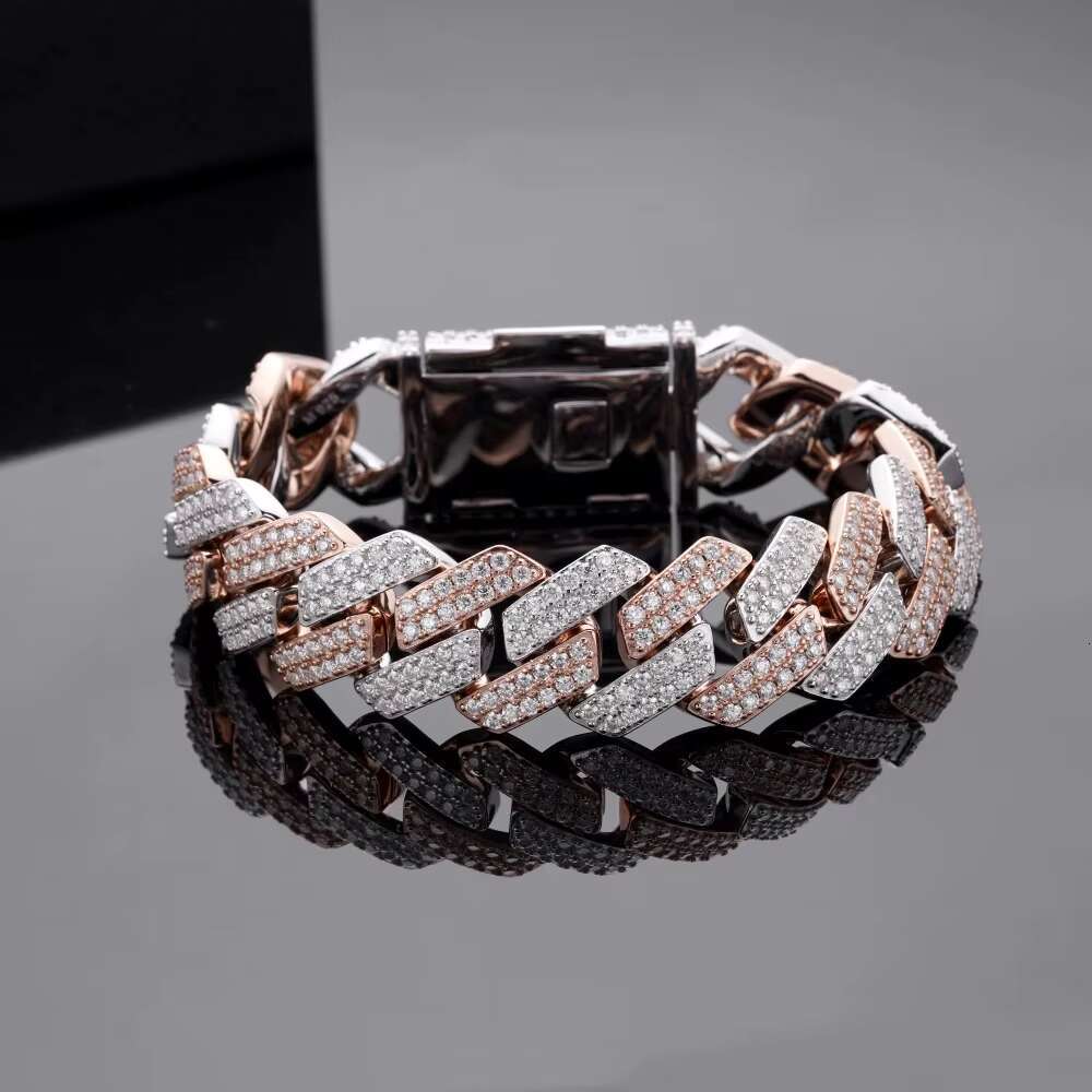 Iced Out Hip Hop Miami 925 Sterling Silver Jewelry Two Tone 20MM Moissanite Cuban Chain Bracelet