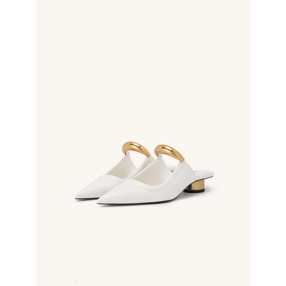 Minimalist Pointed Mules For Women, French Style, Chunky Mid Heel, Half Slippers, Metal Capped Toe, Open Free shipping Toe Sandals
