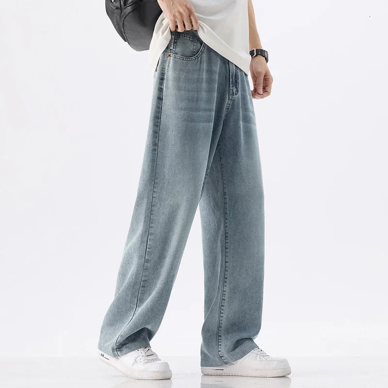 wrinkle resistant soft Lecalle mens jeans thin loose straight fashionable Korean comfortable loose and loose mens jeans 250403