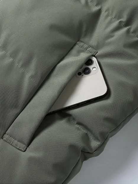 Color - Blocked Army Green Black Down Jacket Water - Resistant Shell Adjustable Cuffs Retro - Inspired Puffer Cold - WeathT251107